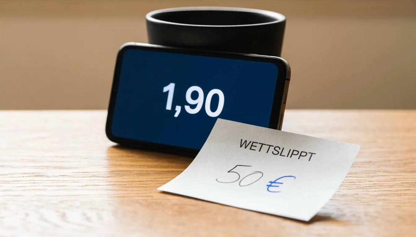 Ein Smartphone mit dunklem Bildschirm lehnt an einer Kaffeetasse auf einem Holztisch, daneben ein blanker Papier-Wettschein.
