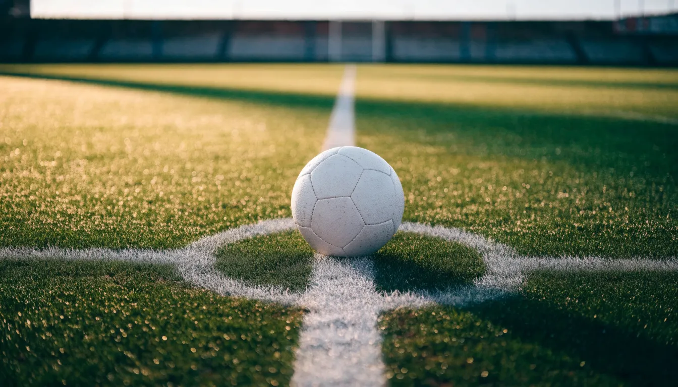Ein Fußball liegt auf dem Anstoßpunkt eines Rasenplatzes im ersten Morgenlicht, Tau glänzt auf dem Gras.