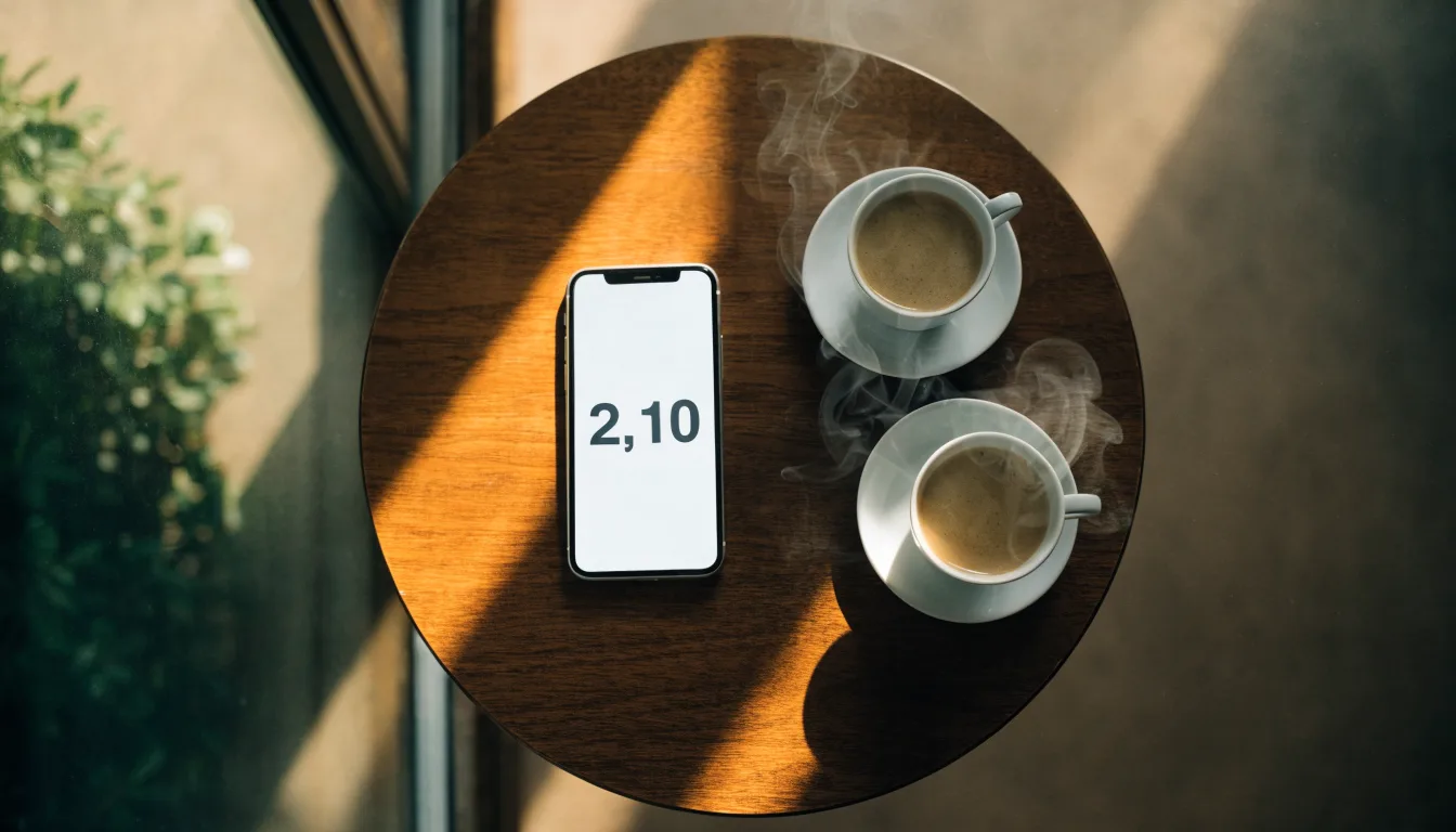 Zwei Kaffeetassen und ein dunkles Smartphone stehen auf einem Café-Tisch am Fenster im Morgenlicht.