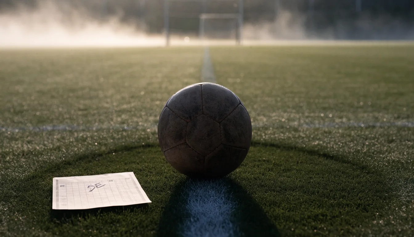 Ein abgewetzter Fußball liegt auf dem Anstoßkreis eines Naturrasens im Morgennebel.