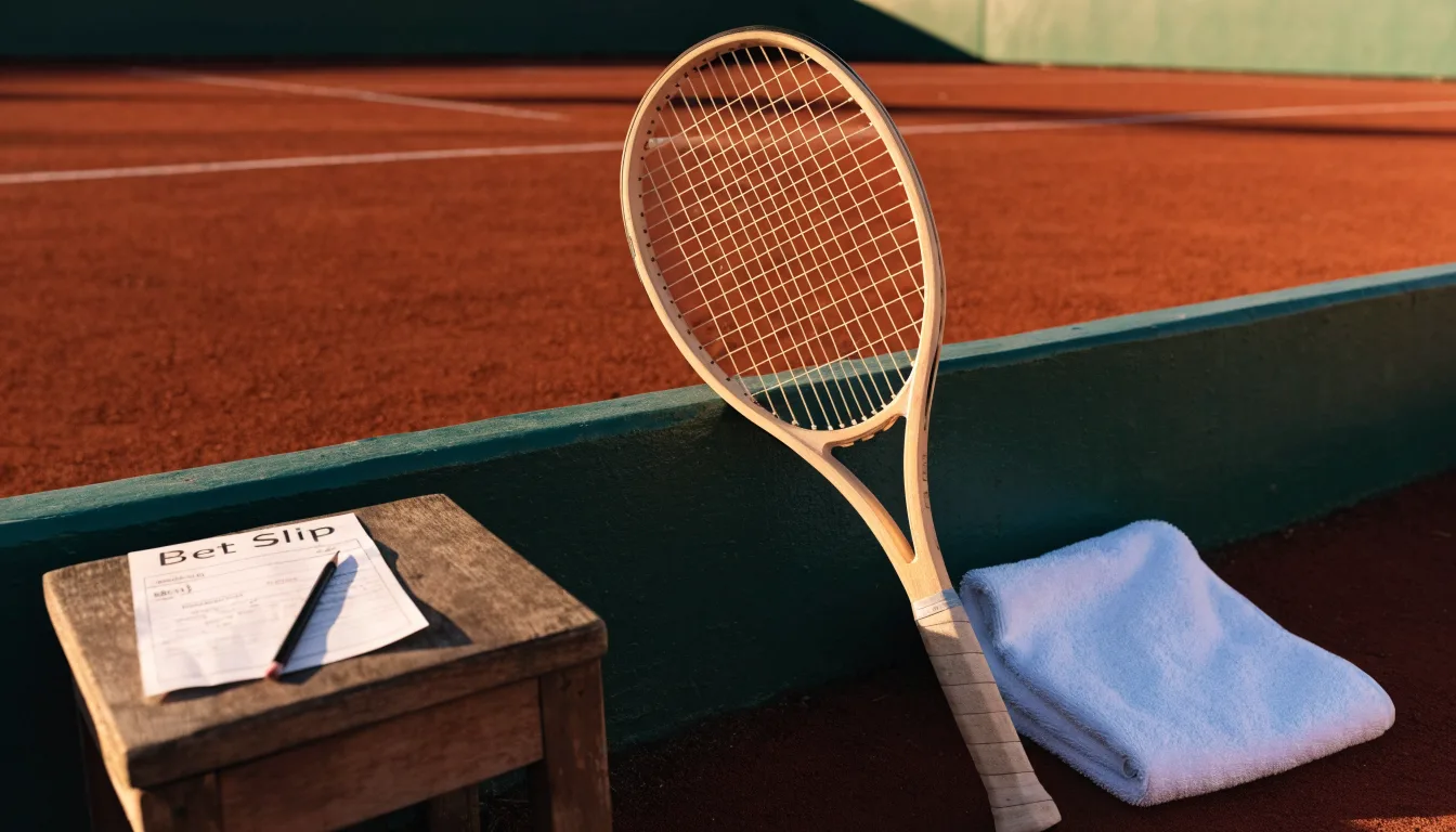 Ein Tennisschläger lehnt an einer dunkelgrünen Bande ohne Aufschrift auf einem Sandplatz, daneben liegt ein Handtuch.