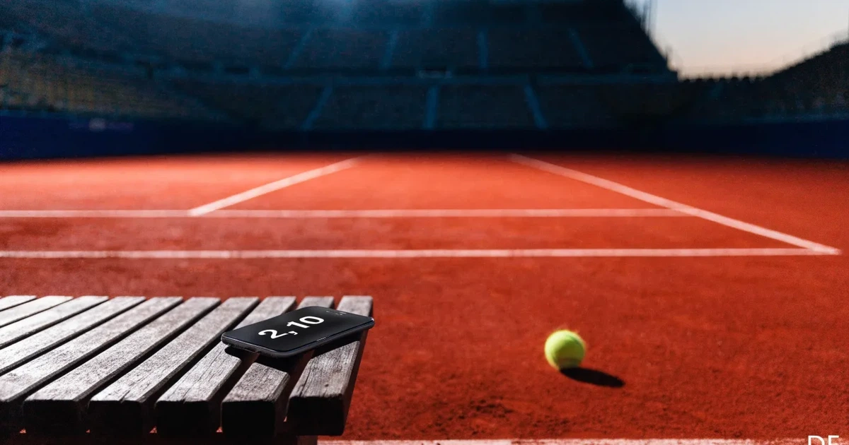 Ein Sandplatz mit rötlichem Belag und gezogenen weißen Linien, ein einzelner Tennisball liegt neben der Linie, im Hintergrund eine leere Tribüne.