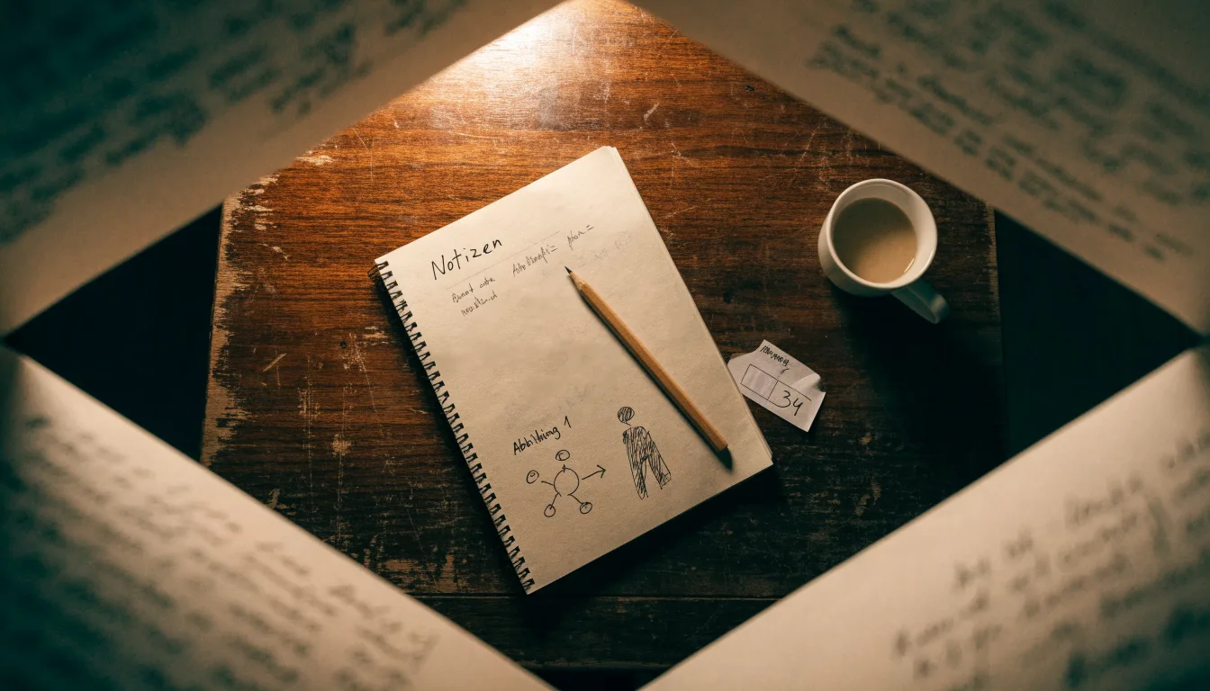 Ein aufgeschlagenes Notizbuch mit handschriftlichen Skizzen liegt neben einem Bleistift auf einem Holztisch, daneben eine Tasse Kaffee.