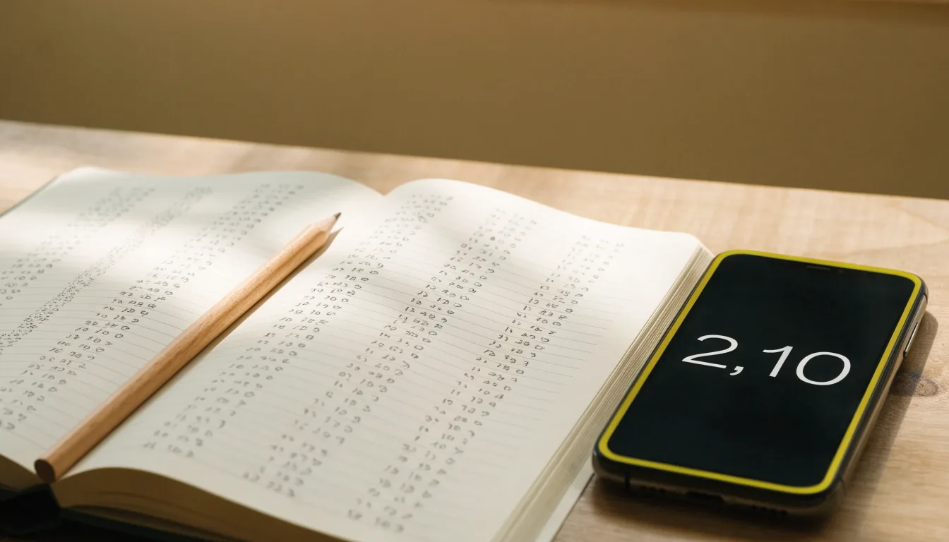 Ein Taschenrechner und ein Bleistift liegen auf einem Schreibtisch neben einem aufgeschlagenen Notizbuch mit handschriftlichen Zahlenreihen.