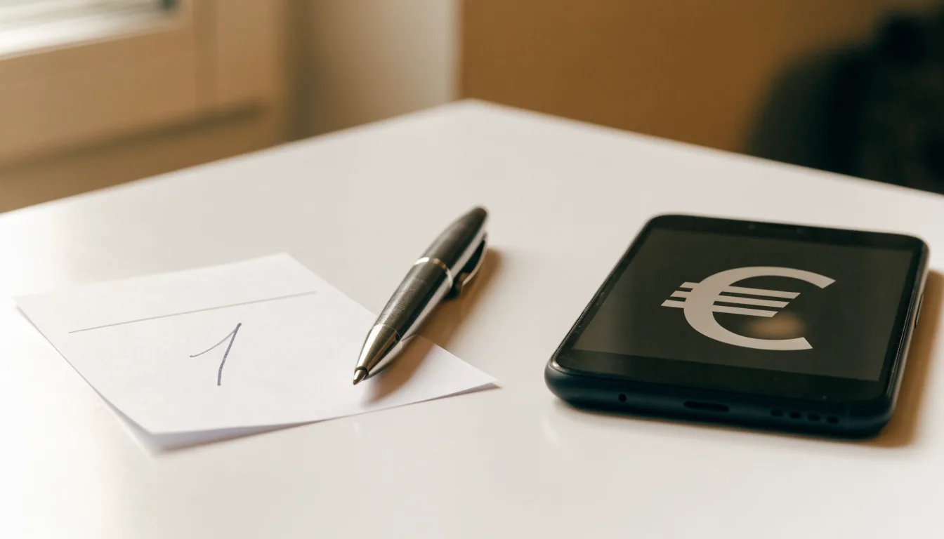 Ein leerer Papier-Wettschein liegt neben einem Smartphone mit dunklem Display auf einer hellen Tischplatte, daneben ein Kugelschreiber.