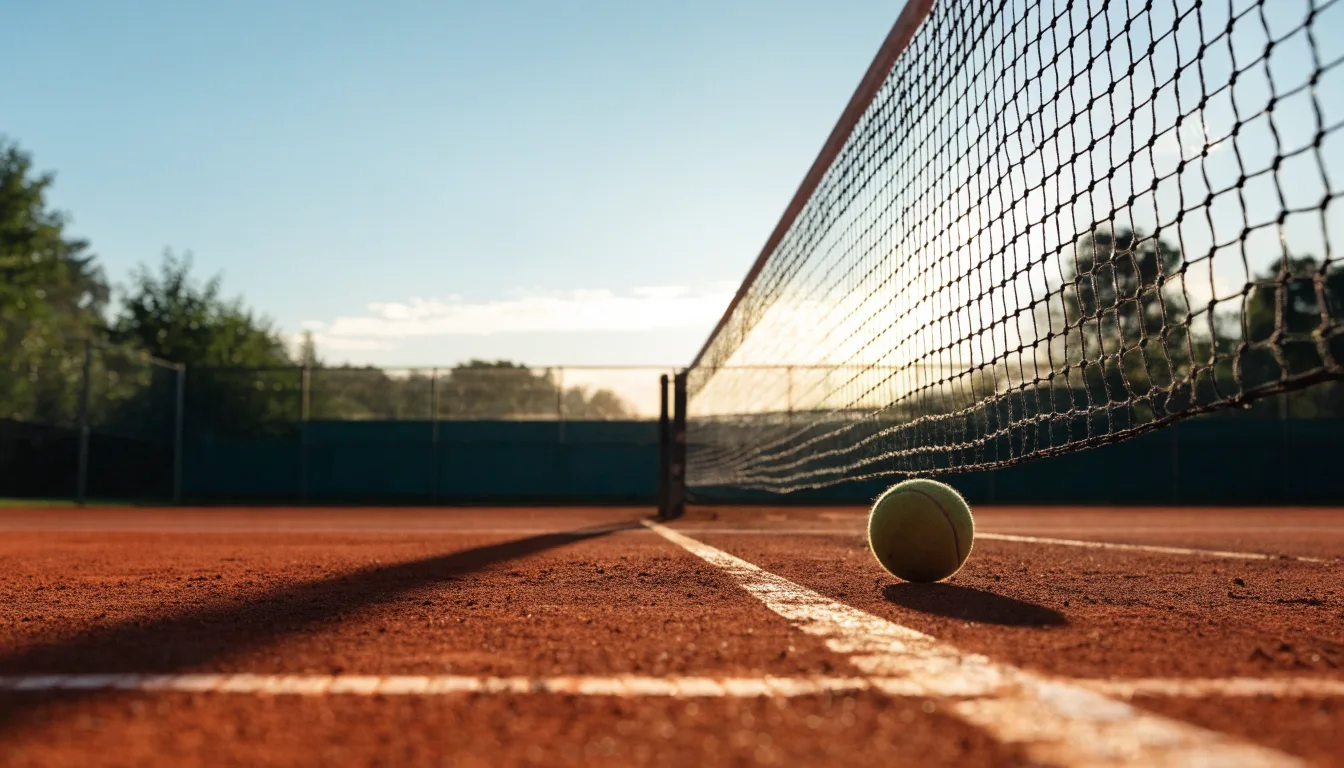 Ein Tennisplatz bei Sonnenaufgang, Netz und Grundlinien im weichen Licht, niemand ist zu sehen.