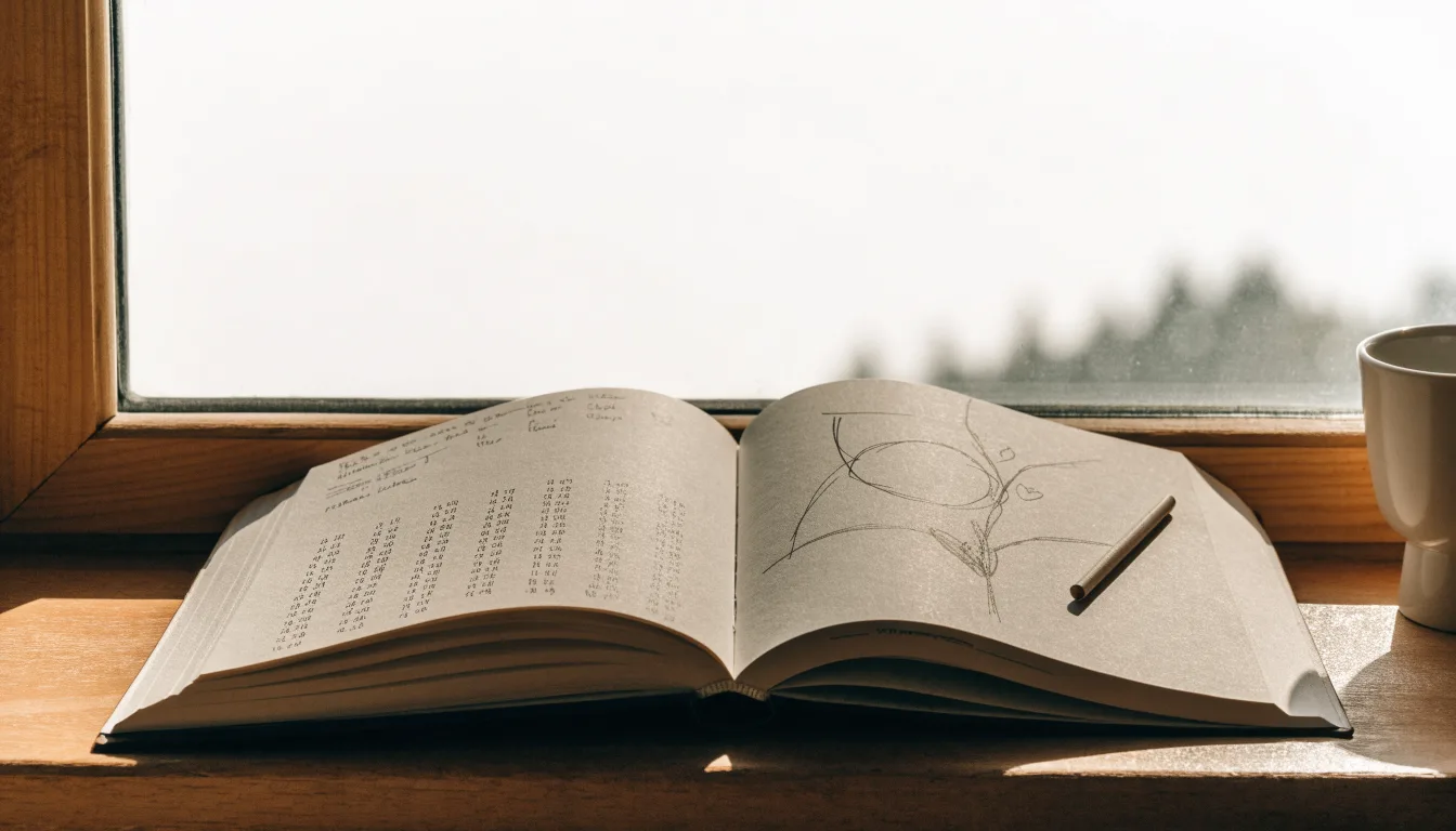 Ein aufgeschlagenes Notizbuch mit handschriftlichen Skizzen und ein Bleistift liegen auf einer Fensterbank im Tageslicht.