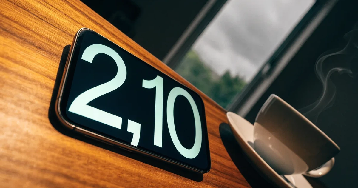 Ein Smartphone mit dunklem Display liegt auf einem Holztisch neben einer Tasse Kaffee, im Hintergrund ein unscharfes Fenster.