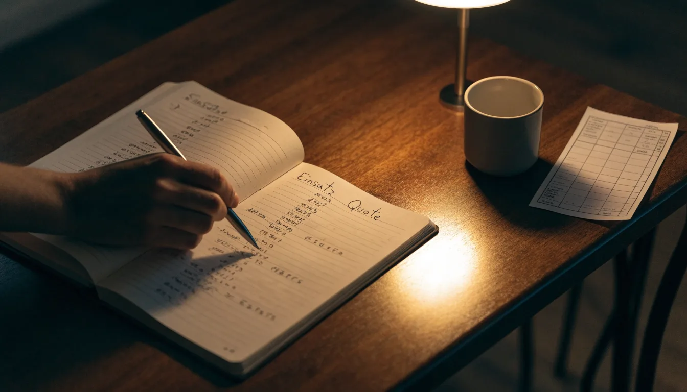 Ein Taschenrechner und ein Notizbuch mit handschriftlichen Zahlenreihen liegen auf einem Schreibtisch unter einer Lampe.