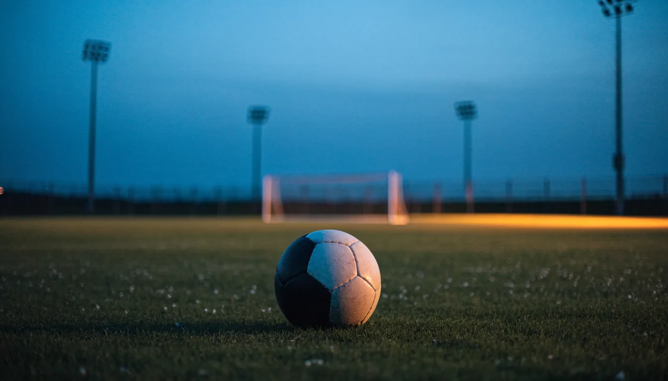 Ein Fußball liegt im Gras eines leeren Platzes, im Hintergrund stehen Flutlichtmasten in der Dämmerung.