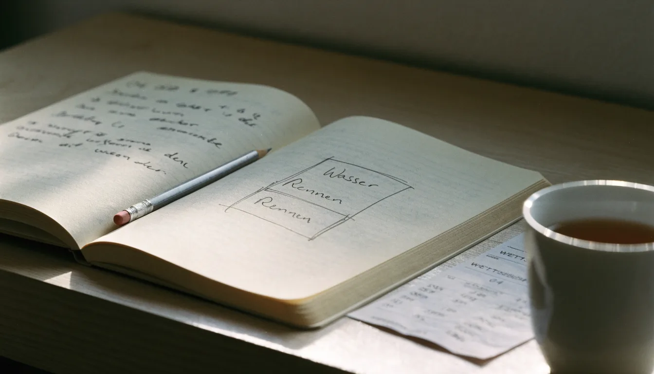 Ein aufgeschlagenes Notizbuch mit handschriftlichen Skizzen und ein Bleistift liegen auf einem Schreibtisch neben einer Tasse Tee.