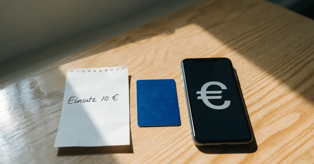Eine Plastikkarte ohne Aufdruck liegt neben Münzen und einem Smartphone mit dunklem Display auf einem hellen Tisch.