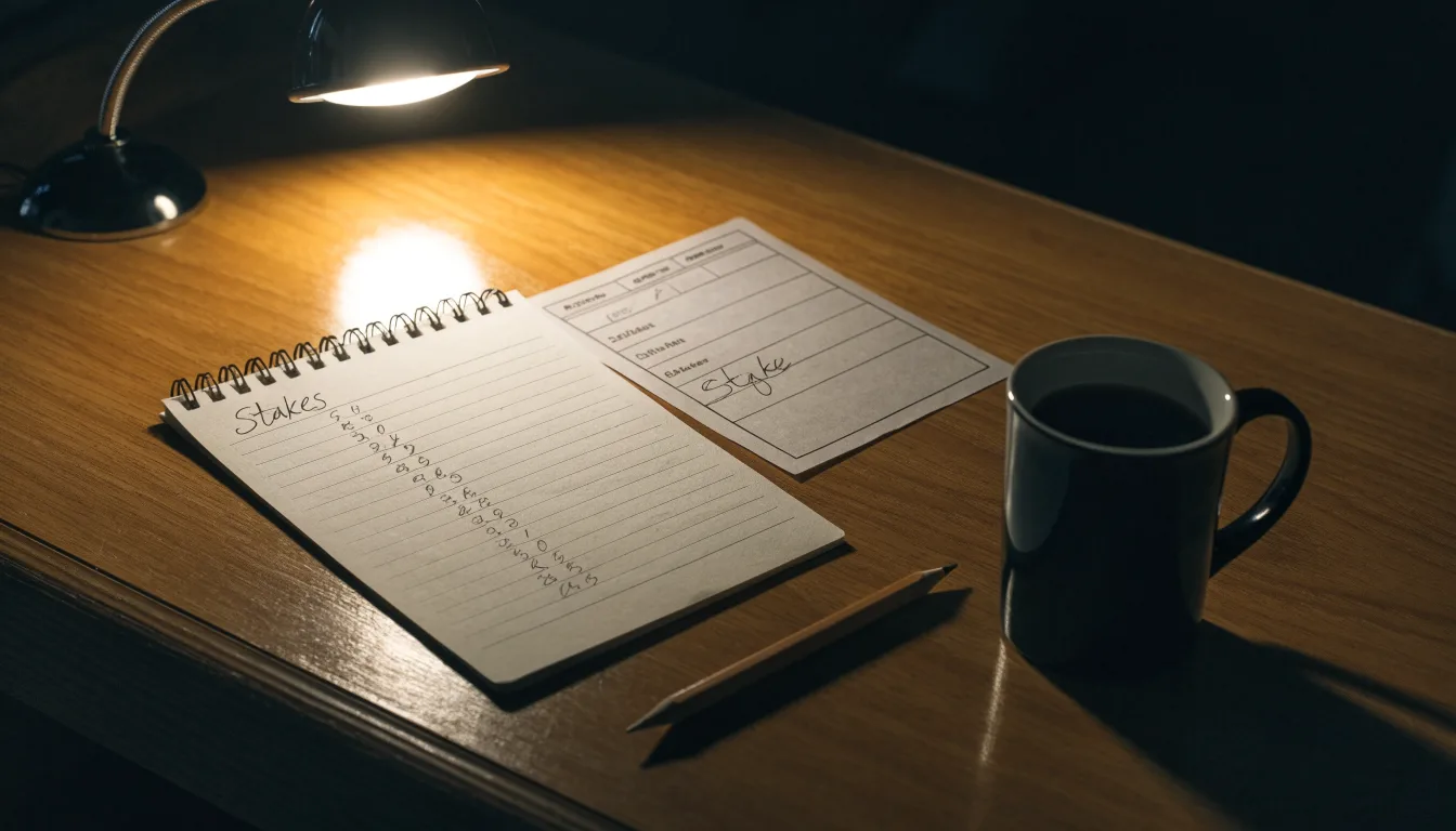 Ein Taschenrechner und ein Bleistift liegen auf einem Schreibtisch neben einer Tasse Kaffee im Licht einer Lampe.