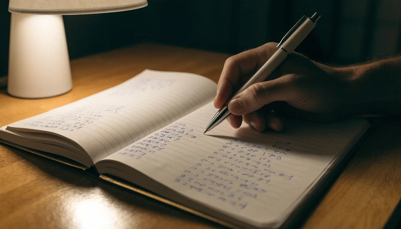 Ein Taschenrechner und ein aufgeschlagenes Notizbuch mit handschriftlichen Zahlenreihen liegen unter einer Schreibtischlampe.