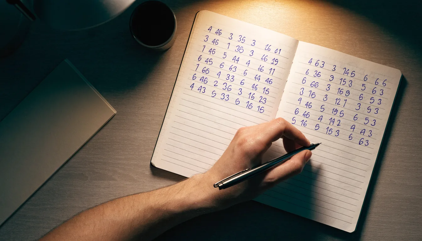 Ein Taschenrechner und ein aufgeschlagenes Notizbuch mit handschriftlichen Zahlenreihen liegen unter einer Schreibtischlampe.