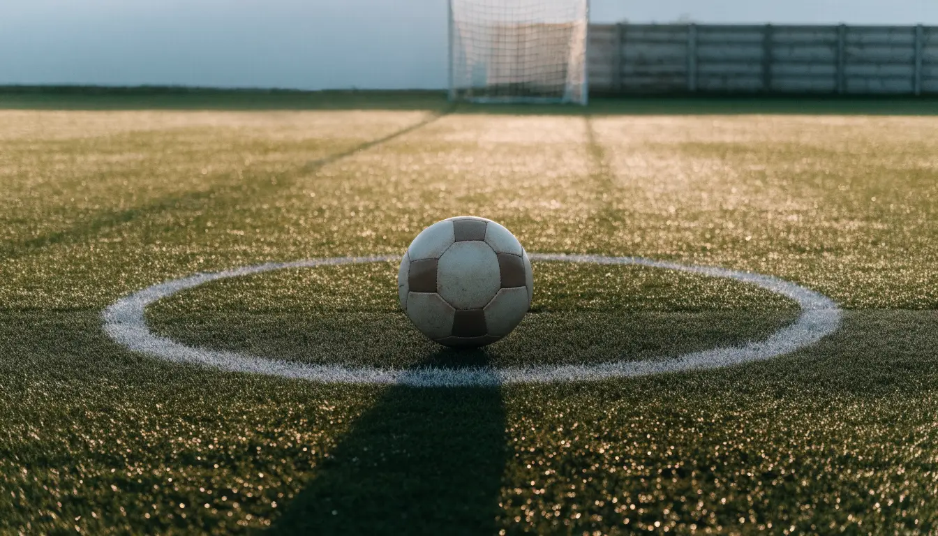 Ein Fußball liegt allein auf dem Anstoßpunkt eines leeren Rasenplatzes im Morgenlicht, am Rand ein niedriger Zaun.