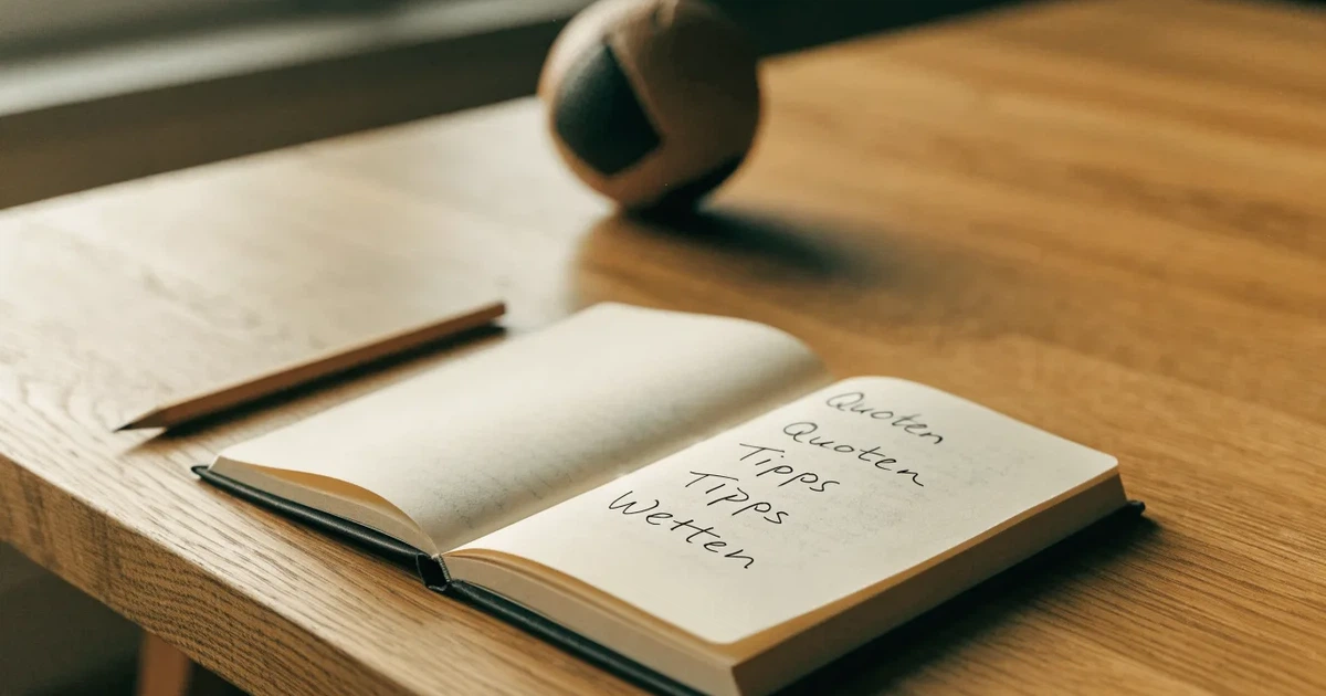 Ein Notizbuch mit handschriftlichen Notizen und einem Bleistift liegt auf einem Holztisch, daneben ein kleiner Fußball im weichen Tageslicht.