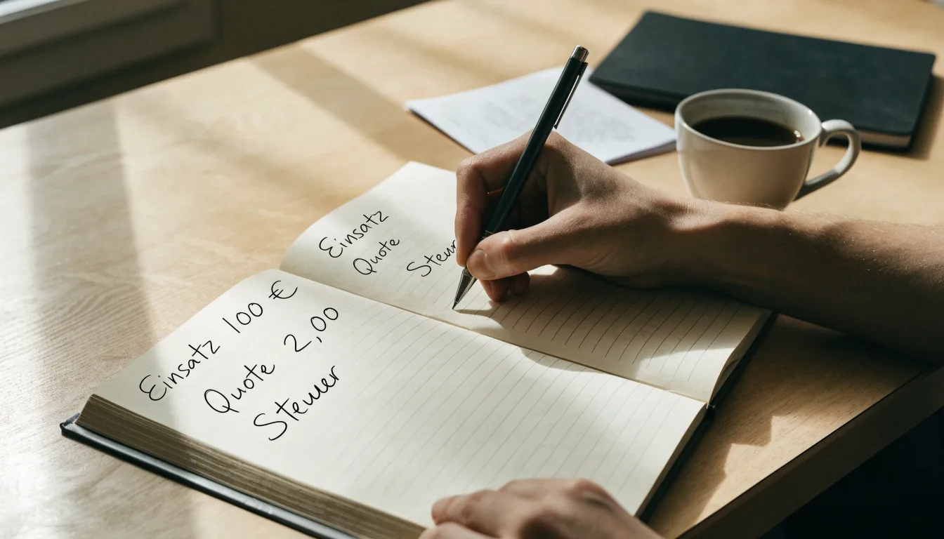 Ein Notizbuch mit handschriftlichen Rechnungen und ein Taschenrechner liegen auf einem hellen Schreibtisch neben einer Kaffeetasse.