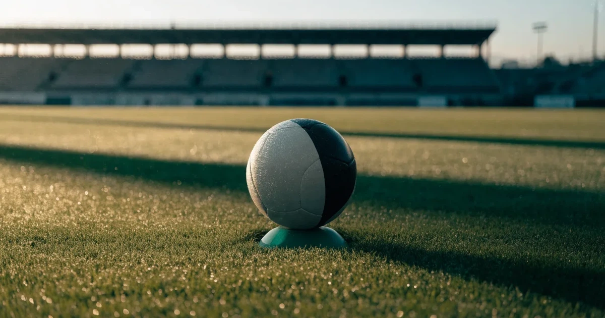Ein Fußball liegt auf dem Anstoßpunkt eines Rasenplatzes, dahinter leere Tribünen im Licht des frühen Morgens.