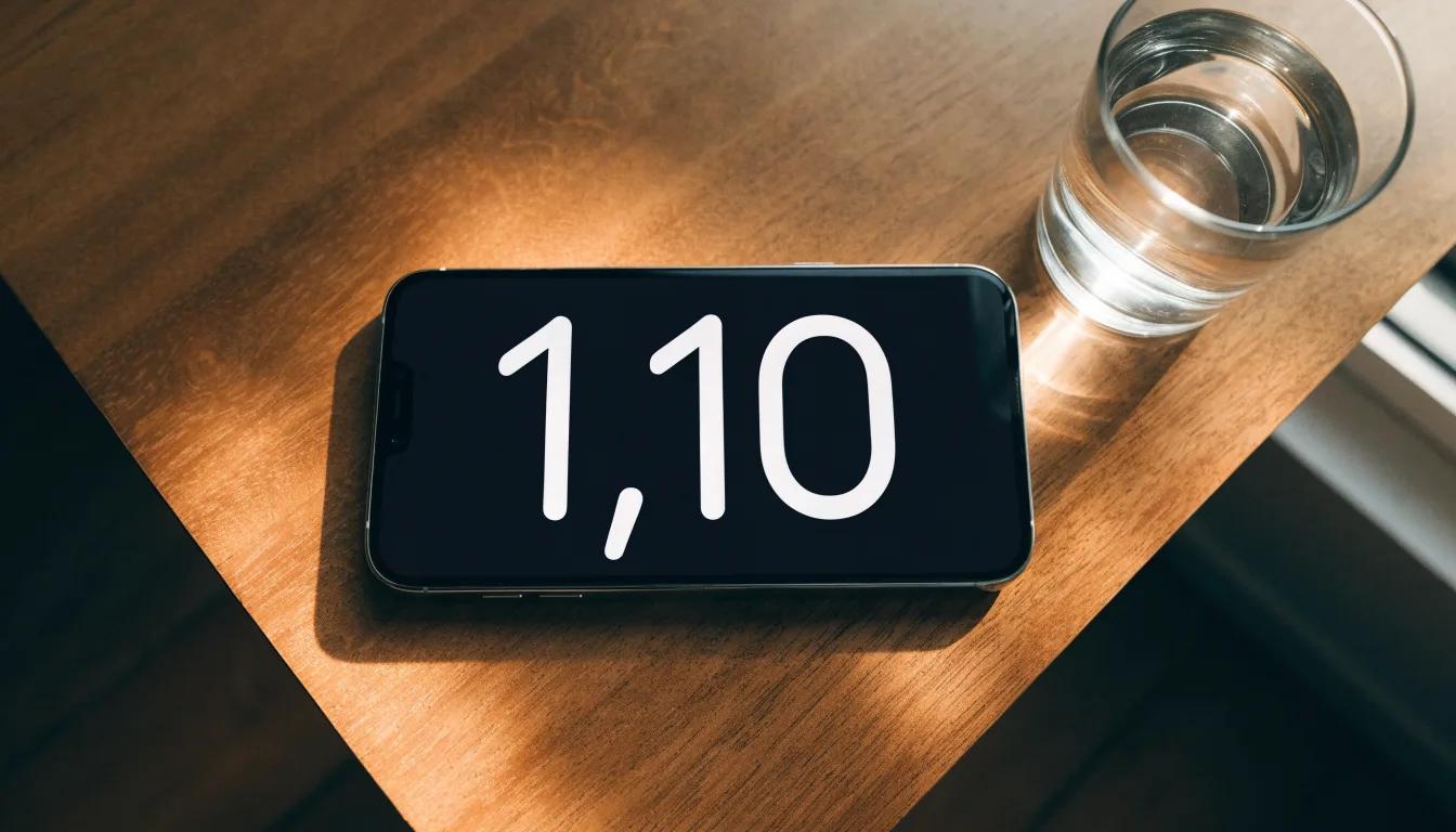 Ein Smartphone liegt mit dem Display nach unten auf einem Holztisch neben einem Glas Wasser, Abendlicht fällt durch ein Fenster.