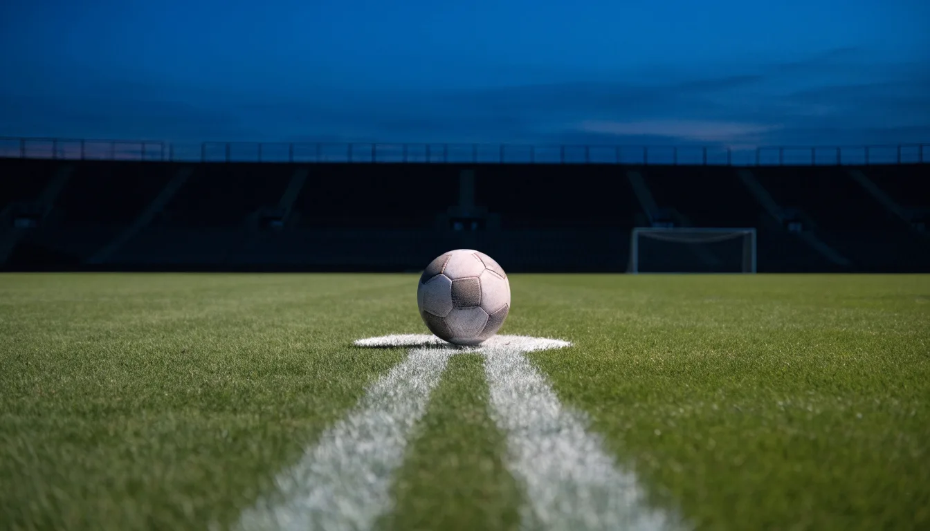 Ein Fußball liegt auf dem Anstoßpunkt eines leeren Rasenplatzes, dahinter ragen dunkle Ränge in den Abendhimmel.