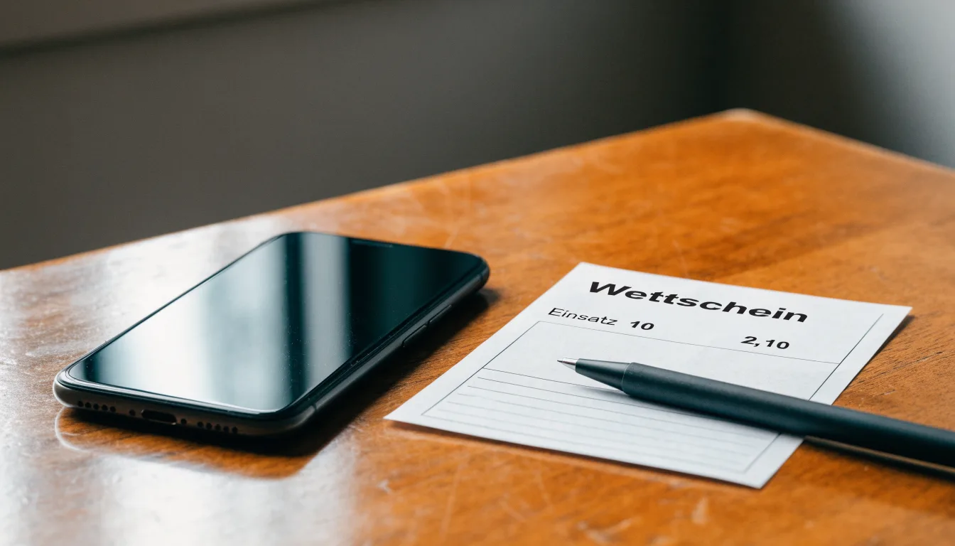 Ein Smartphone mit dunklem Display liegt neben einem leeren Papier-Wettschein und einem Stift auf einem Holztisch.