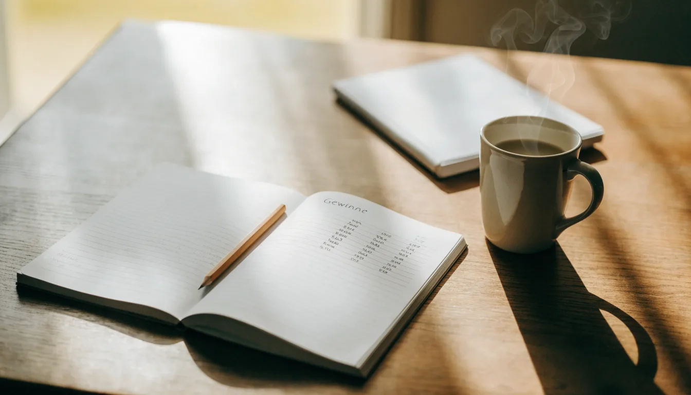 Ein Notizbuch mit handschriftlichen Notizen und einem Bleistift liegt auf einem Tisch, daneben steht eine Kaffeetasse im Morgenlicht.