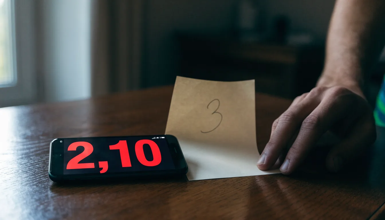 Ein Smartphone liegt mit dunklem Display auf einem Holztisch neben einem leeren Papier-Wettschein, Licht fällt von einem Fenster.