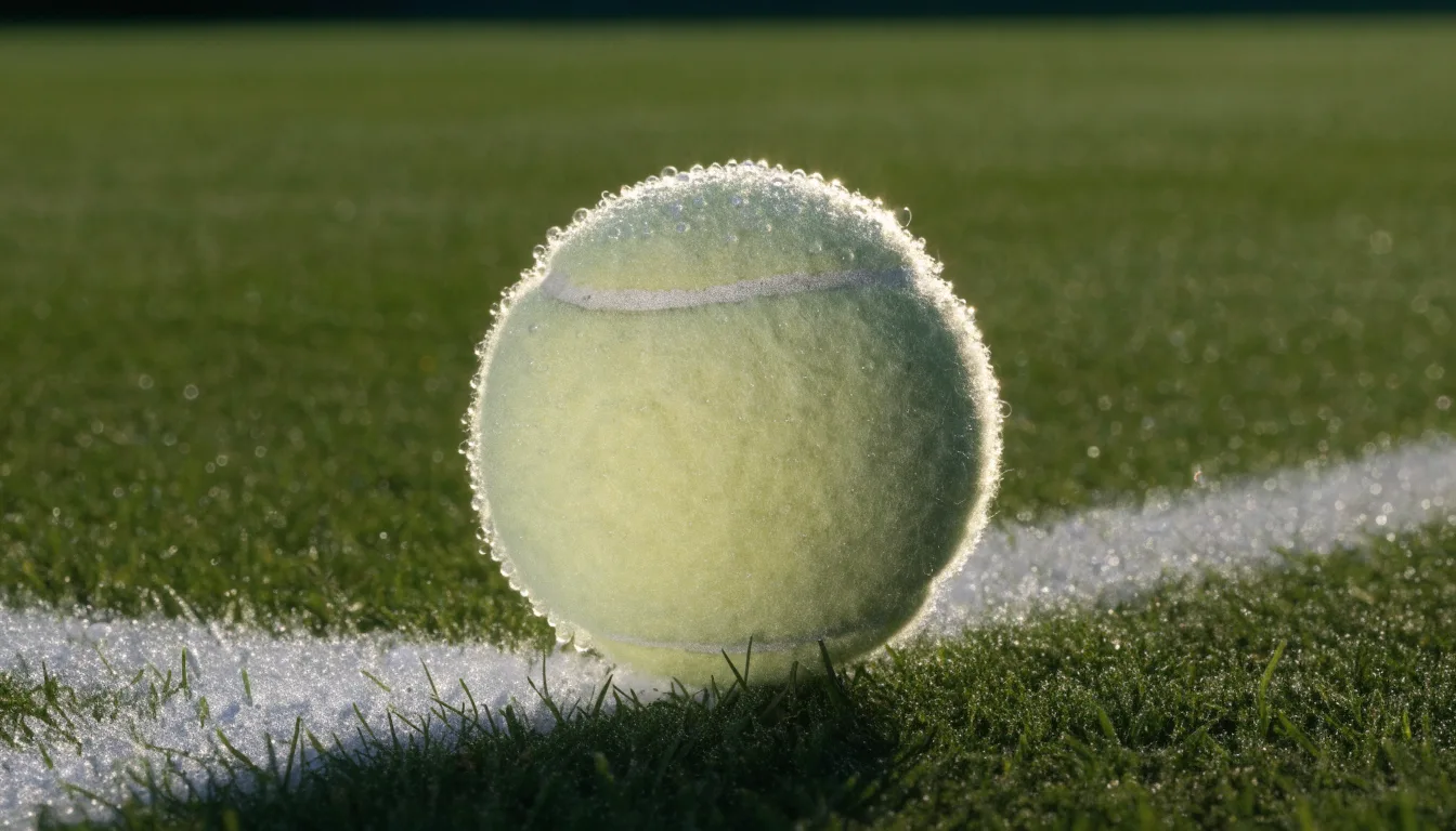 Ein Tennisball liegt auf frisch gemähtem Gras neben einer weißen Linie, Tautropfen glänzen im Gegenlicht.