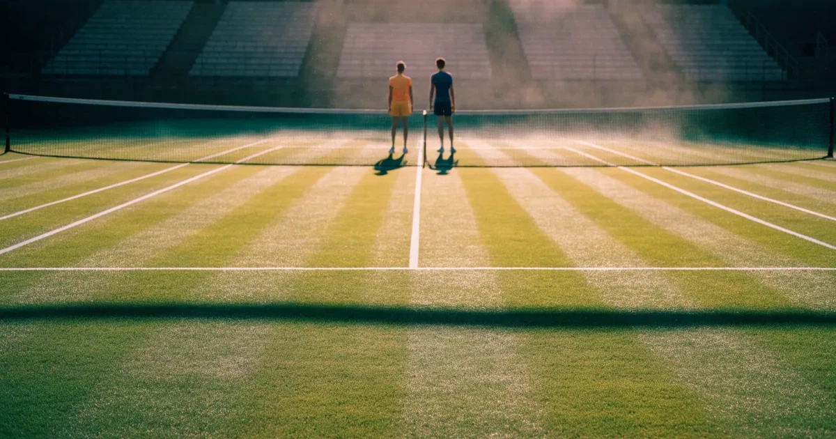 Ein Tennisplatz mit Rasenbelag im Morgenlicht, Netz und weiße Linien, im Hintergrund eine ruhige Tribüne.