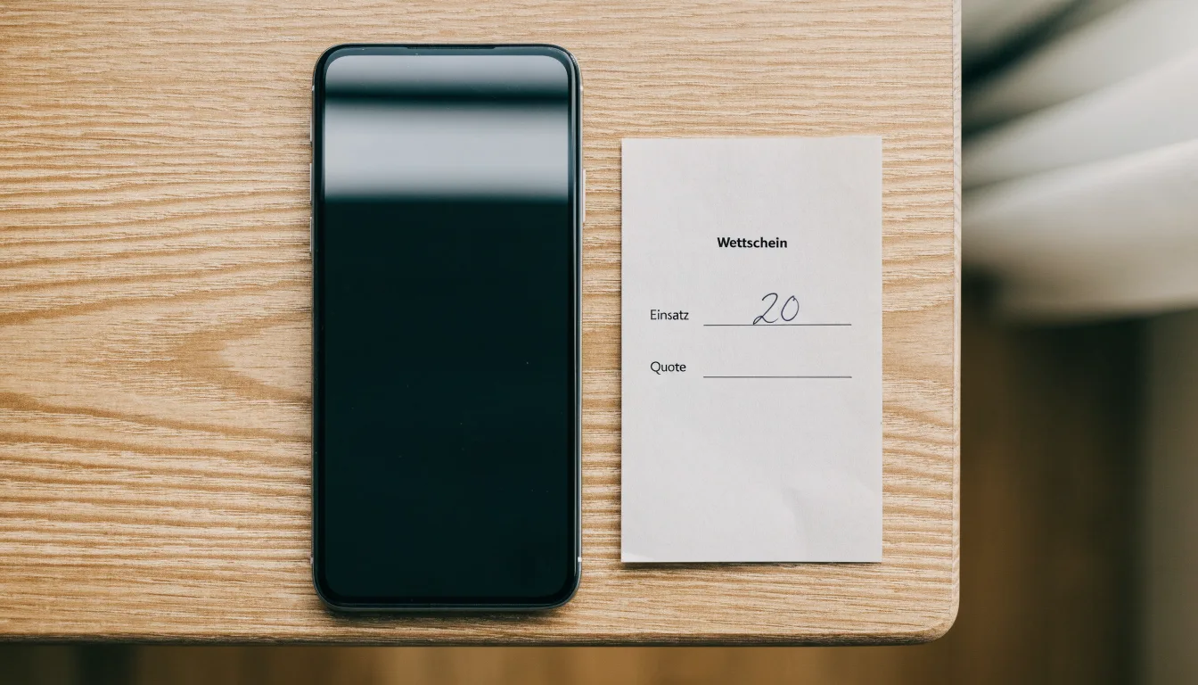 Ein Smartphone mit dunklem Display liegt neben einem leeren Papier-Wettschein auf einem Tisch am Fenster.