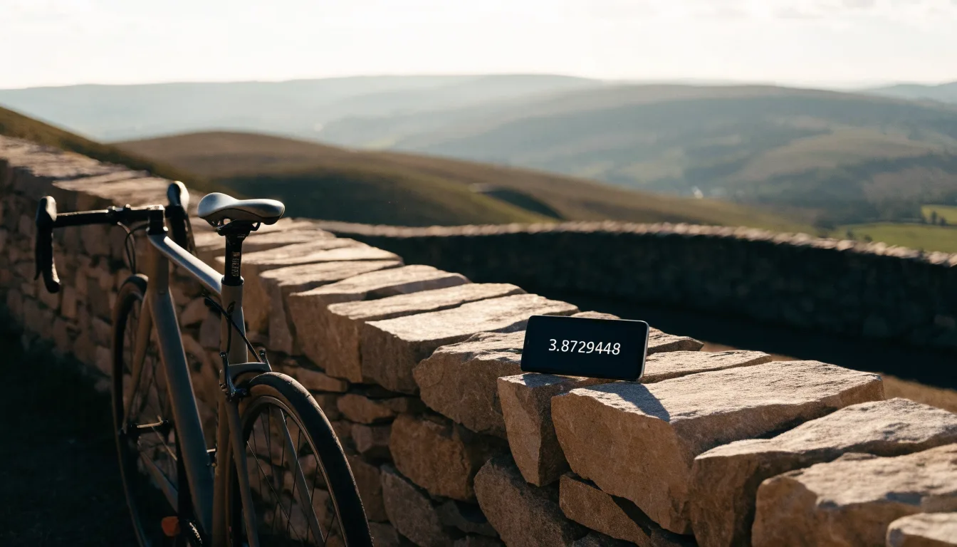 Ein Rennrad lehnt an einer Steinmauer in einer Bergkurve, im Hintergrund eine weite Hügellandschaft im Gegenlicht.