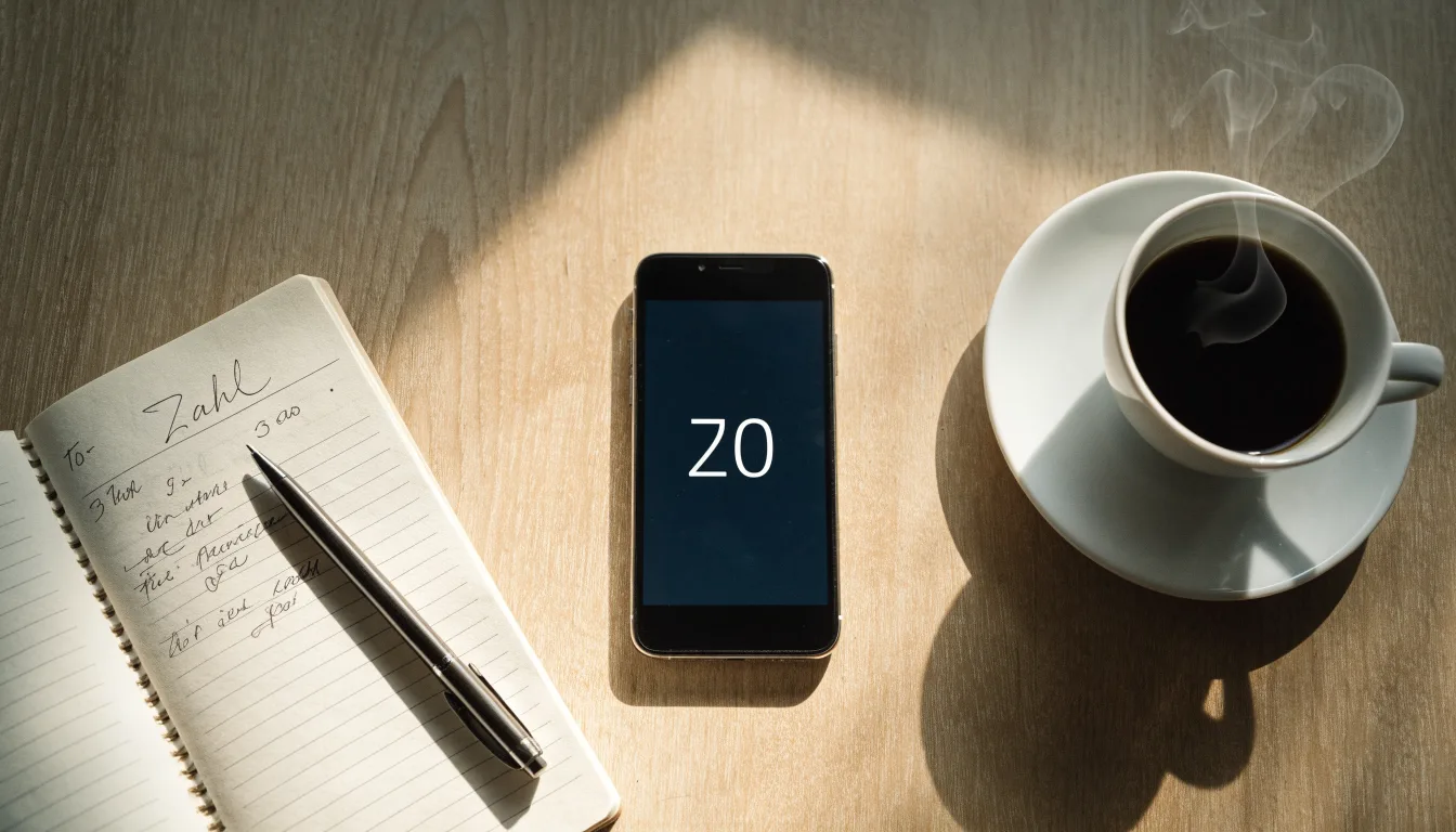 Ein Smartphone liegt auf einem Tisch neben einem Notizbuch mit handschriftlichen Notizen und einer Tasse Kaffee.