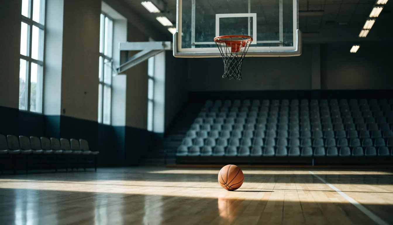 Ein Basketballkorb in einer leeren Halle, der Ball liegt unter dem Brett auf dem Parkett.