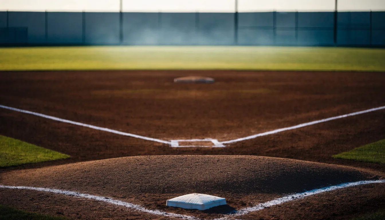 Ein Baseballfeld mit leerem Infield im Morgenlicht, die Linien frisch gezogen, keine Spieler im Bild.