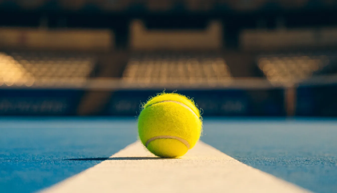 Ein Tennisball liegt in Nahaufnahme auf einer Grundlinie, dahinter verschwimmt ein leerer Platz in warmem Licht.