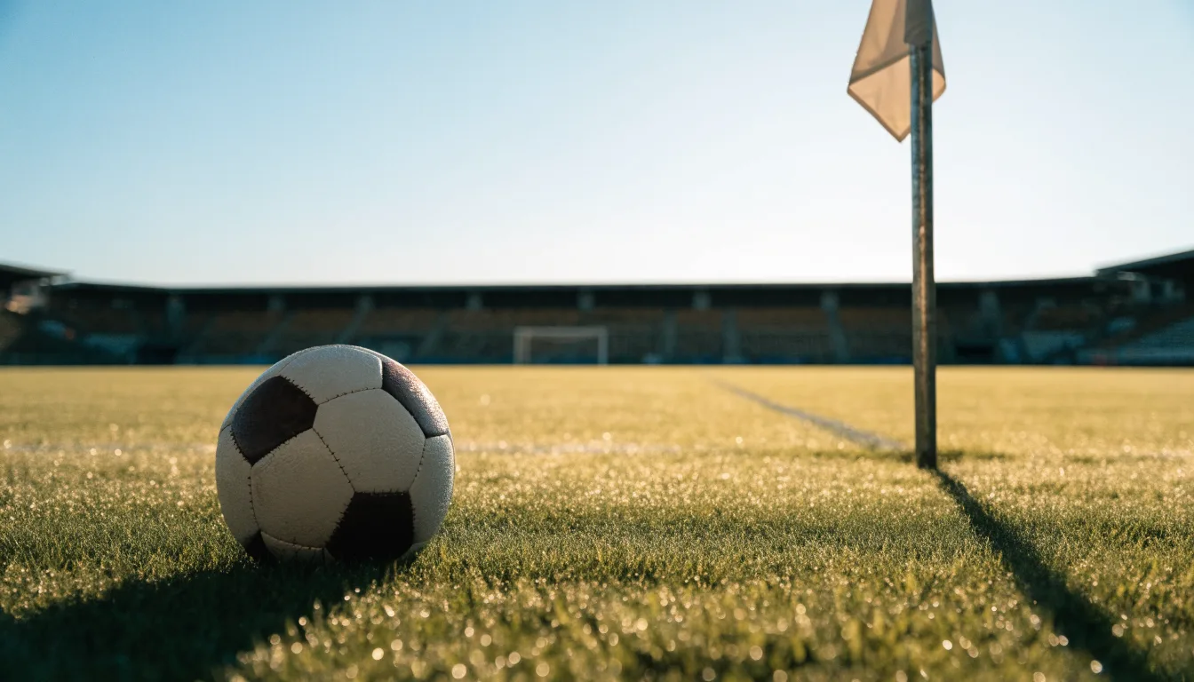 Ein Fußball liegt auf Rasen neben einer Eckfahne ohne Aufdruck auf einem leeren Platz im Morgenlicht.