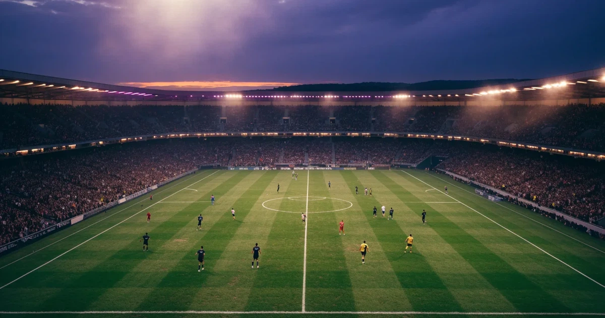 Ein riesiges Stadion in der Abenddämmerung aus der Vogelperspektive gesehen, die Lichter an den Rängen sind eingeschaltet.