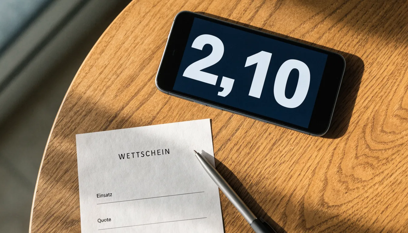 Ein Smartphone liegt mit dunklem Display neben einem leeren Papier-Wettschein und einem Stift auf einem Holztisch.