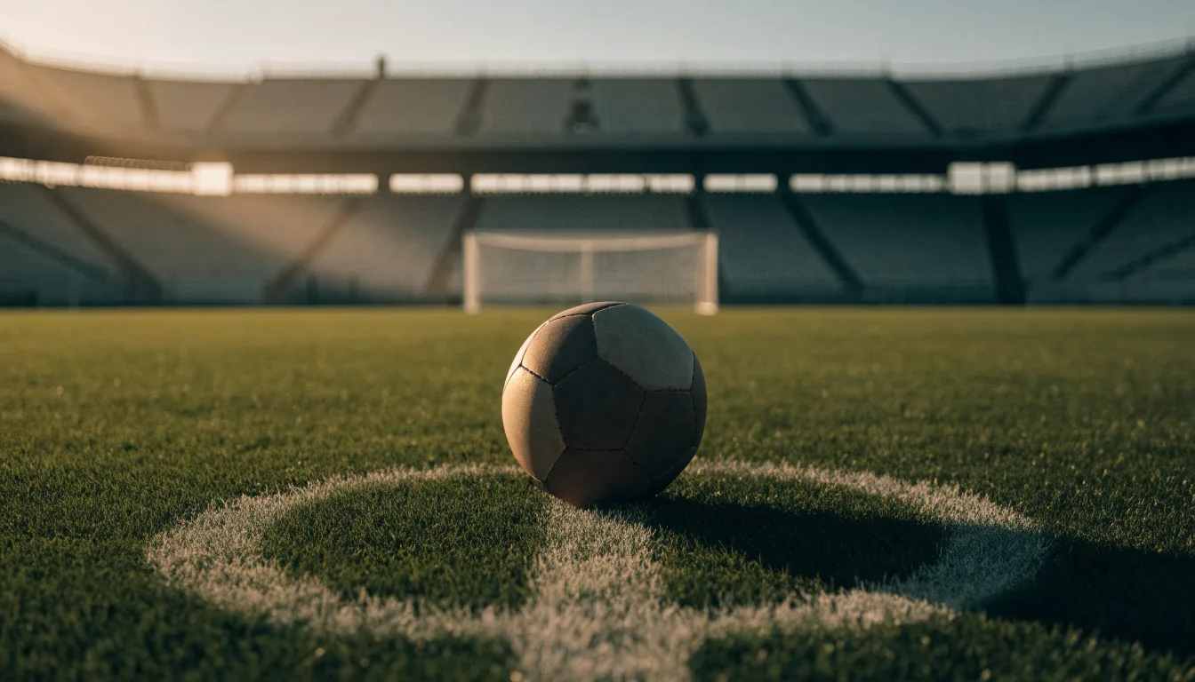 Ein Fußball liegt auf dem Anstoßpunkt eines Rasenplatzes, dahinter eine leere Tribüne im Abendlicht.