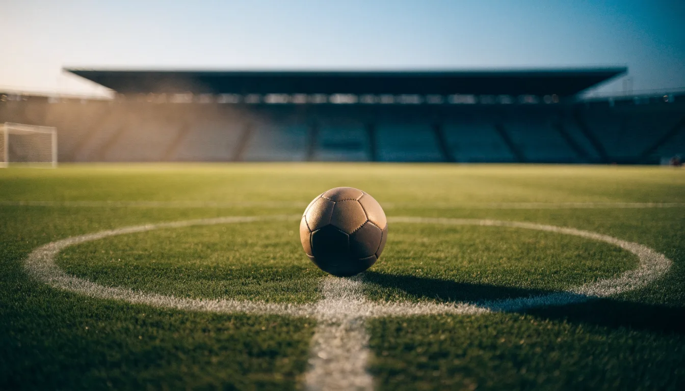 Ein Fußball liegt auf dem Anstoßpunkt eines Rasenplatzes, dahinter eine leere Tribüne im Abendlicht.