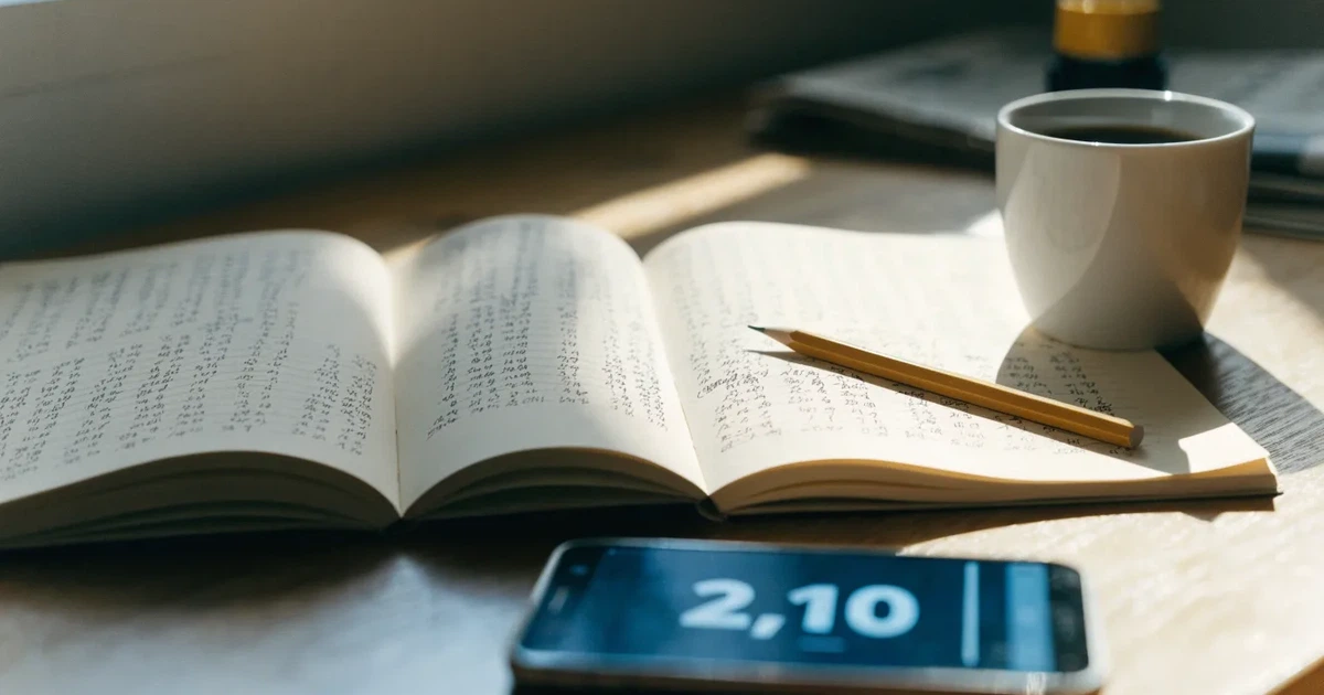 Eine Kaffeetasse, ein Notizbuch mit handschriftlichen Notizen und ein Bleistift auf einem hellen Schreibtisch am Morgen.