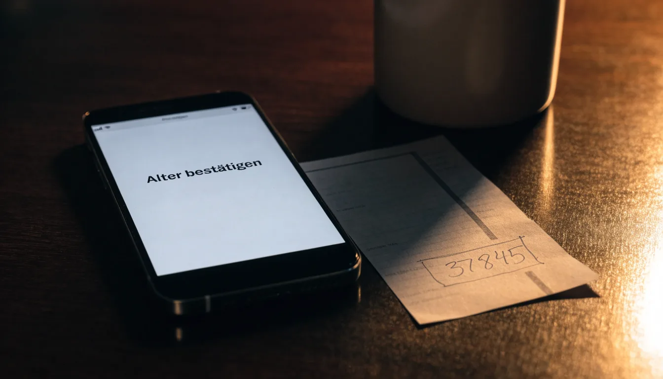 Ein Smartphone mit dunklem Display liegt neben einem leeren Papier-Wettschein auf einem Holztisch, Licht fällt von der Seite.