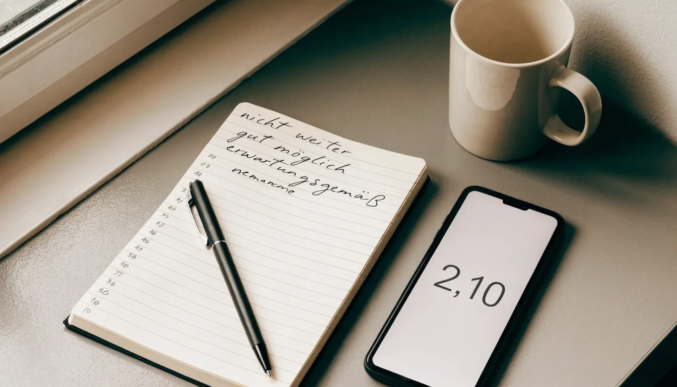 Ein Notizbuch mit handschriftlichen Notizen und ein Taschenrechner stehen auf einem Schreibtisch, daneben eine Tasse.