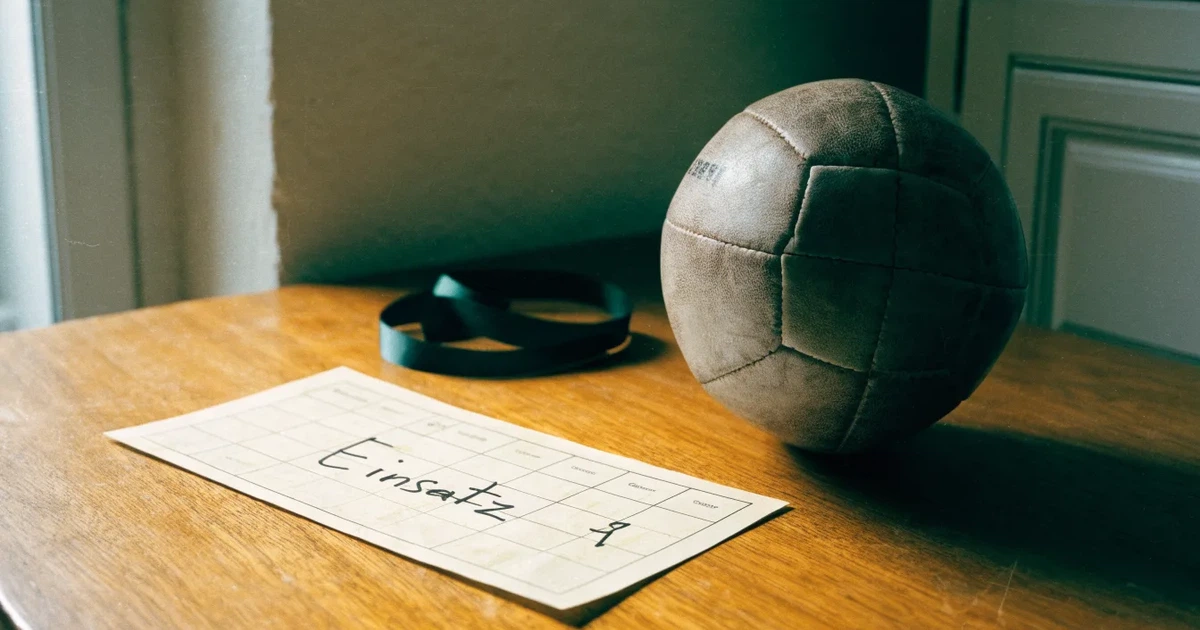Ein kleines Geschenkband liegt neben einem Fußball und einem leeren Papier-Wettschein auf einem Holztisch im Tageslicht.