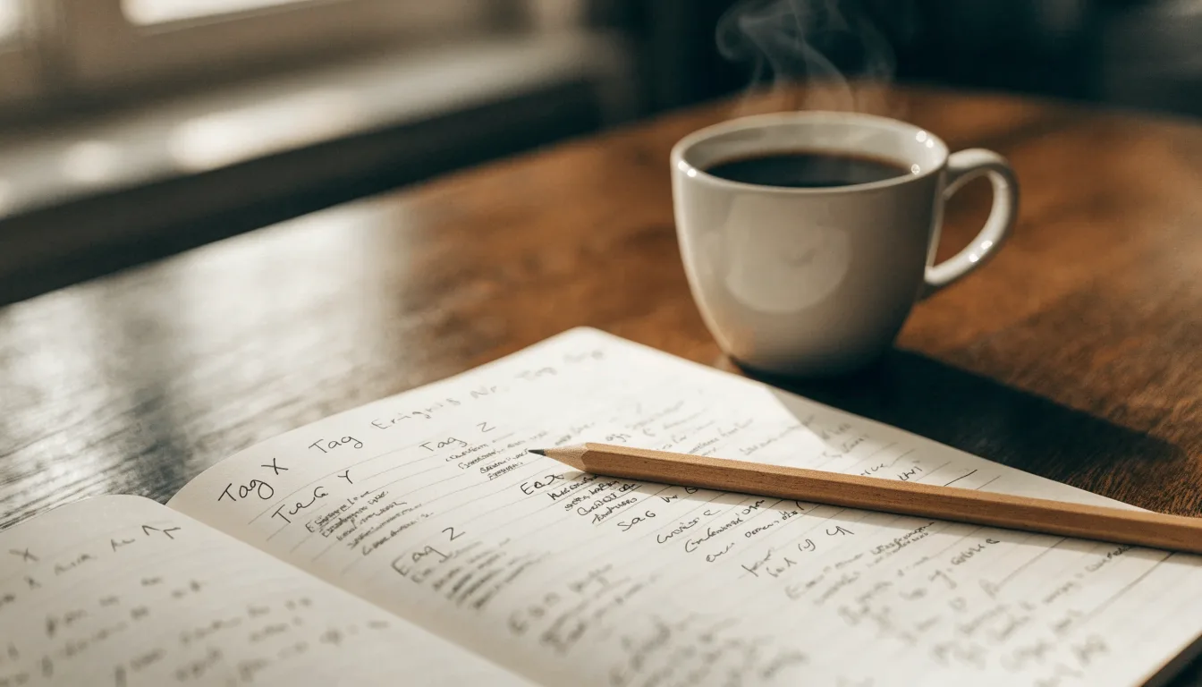 Ein Notizbuch mit handgeschriebenen Strichlisten liegt neben einem Bleistift und einer Kaffeetasse auf einem Holztisch.