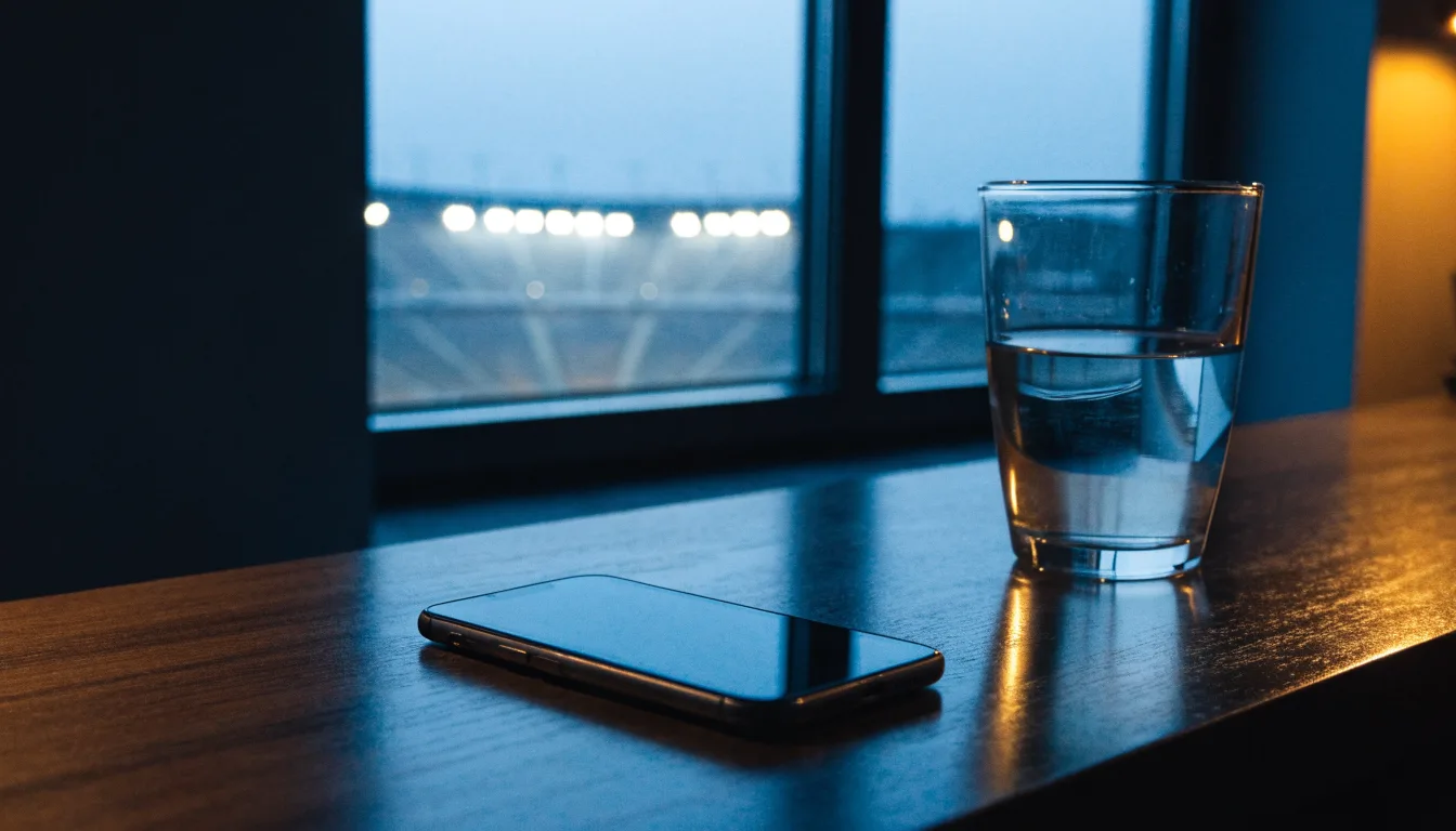 Ein Smartphone mit dunklem Display liegt auf einem Schreibtisch neben einem Glas Wasser, im Fenster dahinter ein Stadion im Dämmerlicht.