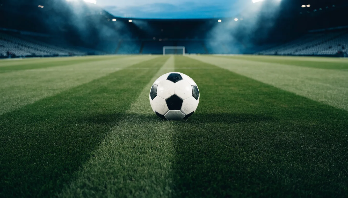 Ein Fußball liegt auf dem Mittelkreis eines leeren Rasenplatzes unter Flutlicht am frühen Abend, die Tribünen sind nur schemenhaft zu erkennen.