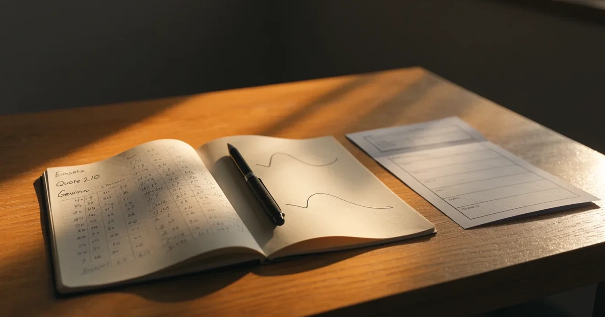 Ein aufgeschlagenes Notizbuch mit handgezeichneten Kurven und Strichen liegt neben einem Taschenrechner auf einem Schreibtisch im Morgenlicht.