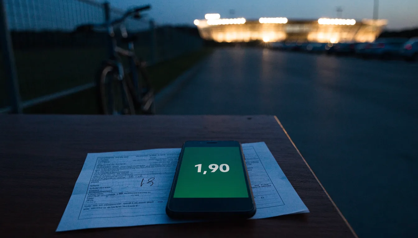 Ein Stadion unter Flutlicht aus der Ferne gesehen, davor ein dunkler Parkplatz und ein einzelnes Fahrrad an einem Zaun.